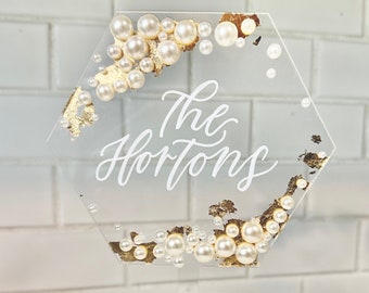 Pearl acrylic cake topper custom gold wedding cake topper hexagon cake topper elegant bride and groom name cake topper with pearls gold cake