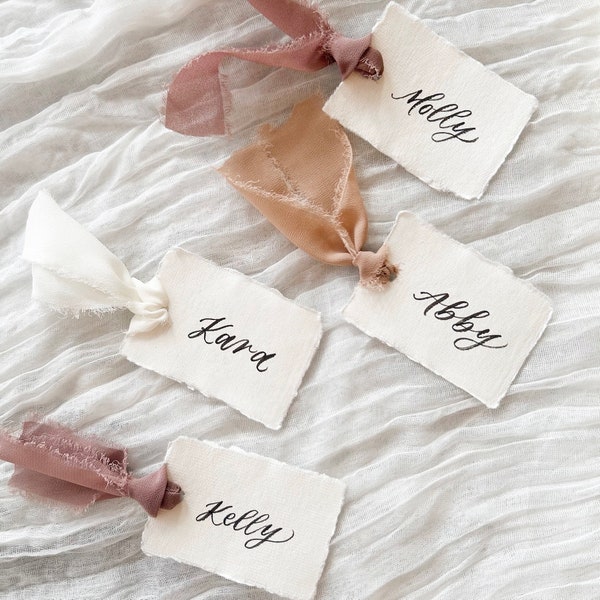 Wedding placecards with chiffon ribbon name place setting cards dusty rose wedding decorations table whimsical handmade paper place cards