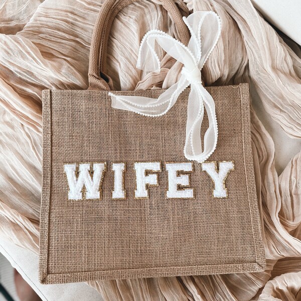 Bride tote bag gift bachelorette tote jute varsity letter patch bride bag future wifey burlap beach wedding tote bag bride gift bag wedding