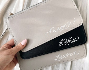 Bridesmaid wristlet wallet leather personalized clutch wristlet bridesmaid proposal box filler gift idea custom name matron of honor gift