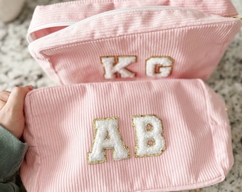 Monogram makeup bag personalized custom make up bag chenille varsity letter custom toiletry bag makeup pouch pink bridesmaid initial