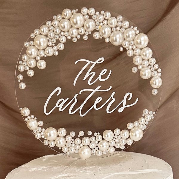 Pearl acrylic cake topper acrylic wedding cake topper pearl cake topper bride and groom name cake topper with pearls wedding cake top