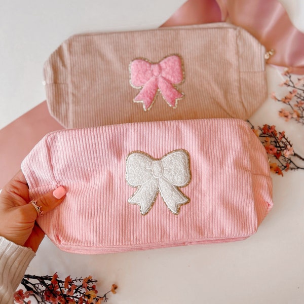 Coquette aesthetic makeup pouch corduroy pink makeup bag with bow theme girl weekend gift idea preppy cosmetic pouch oversized toiletry bag