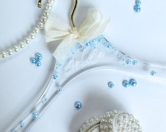 Custom Bride hanger with pearls something blue for bride acrylic bridal hanger pearl hanger for wedding dress personalized hanger with name