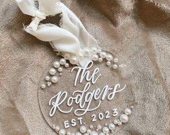 Pearl ornament personalized calligraphy ornament hand written engaged ornament newlywed Christmas gift wedding ornament for couple Christmas