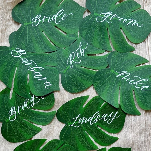 Monstera place card palm leaf Hawaiian party decor personalized seating cards pool party decor favor tags pool party favors tropical party