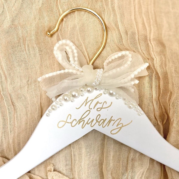 White bride hanger with pearls wedding day hanger for bride pearl hanger white and gold bridal hanger wedding bride gift for wedding day