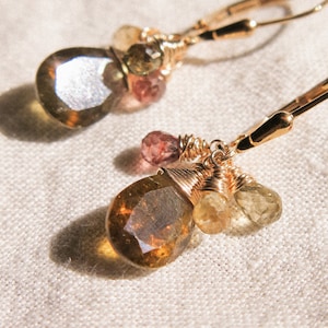 Multi color Faceted Tourmaline Teardrop Cluster Lever Back Earrings with Zircon in 14K Gold Fill, October Birthstone, Gemstone earrings