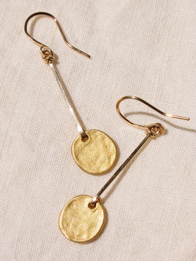 Matte Gold Vermeil Organic Coin Bar Earrings in 14K Gold Fill, Minimalist Earrings, Bohemian Earrings, Dainty Light Weight, Charm Earrings image 3