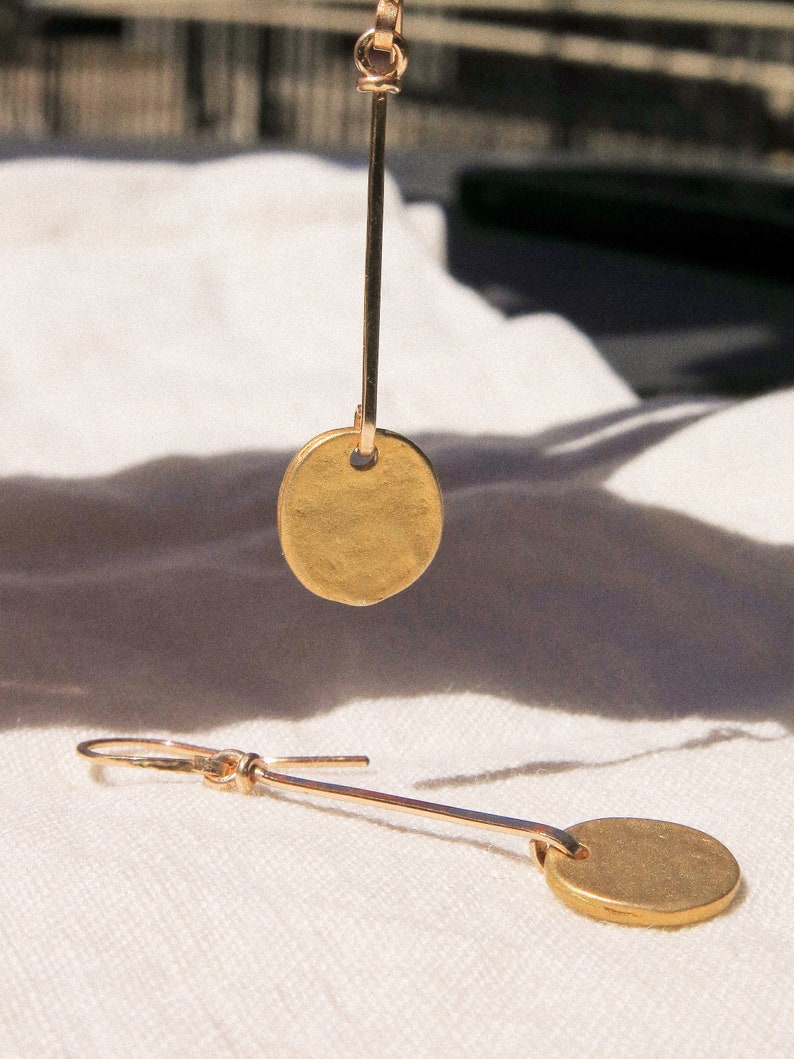 Matte Gold Vermeil Organic Coin Bar Earrings in 14K Gold Fill, Minimalist Earrings, Bohemian Earrings, Dainty Light Weight, Charm Earrings image 4