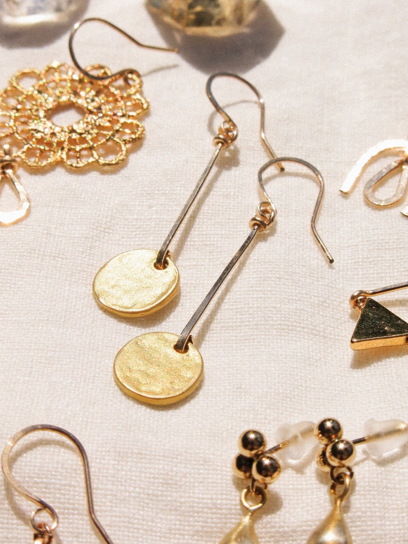 Matte Gold Vermeil Organic Coin Bar Earrings in 14K Gold Fill, Minimalist Earrings, Bohemian Earrings, Dainty Light Weight, Charm Earrings image 1