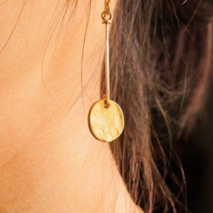 Matte Gold Vermeil Organic Coin Bar Earrings in 14K Gold Fill, Minimalist Earrings, Bohemian Earrings, Dainty Light Weight, Charm Earrings image 2