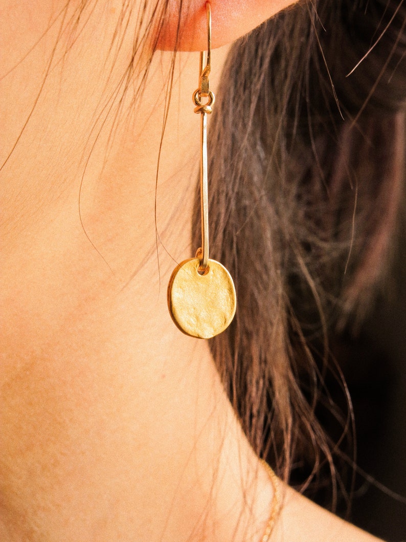 Matte Gold Vermeil Organic Coin Bar Earrings in 14K Gold Fill, Minimalist Earrings, Bohemian Earrings, Dainty Light Weight, Charm Earrings image 2