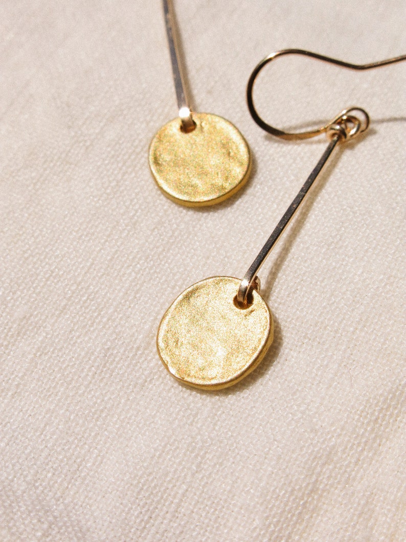 Matte Gold Vermeil Organic Coin Bar Earrings in 14K Gold Fill, Minimalist Earrings, Bohemian Earrings, Dainty Light Weight, Charm Earrings image 6