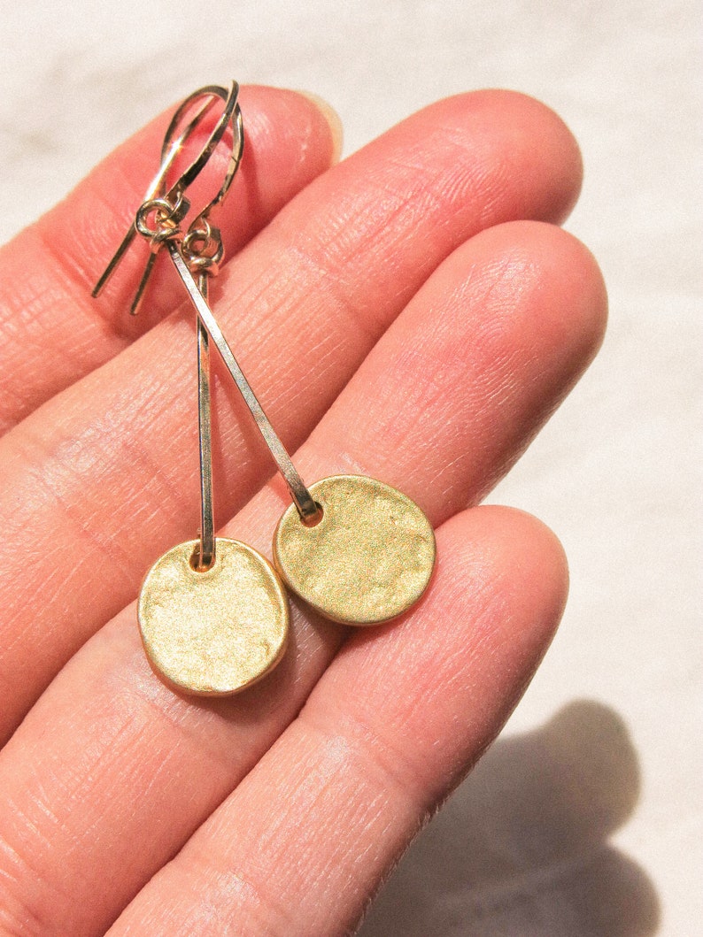 Matte Gold Vermeil Organic Coin Bar Earrings in 14K Gold Fill, Minimalist Earrings, Bohemian Earrings, Dainty Light Weight, Charm Earrings image 8