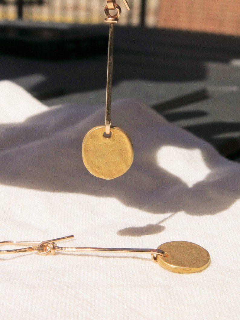 Matte Gold Vermeil Organic Coin Bar Earrings in 14K Gold Fill, Minimalist Earrings, Bohemian Earrings, Dainty Light Weight, Charm Earrings image 5