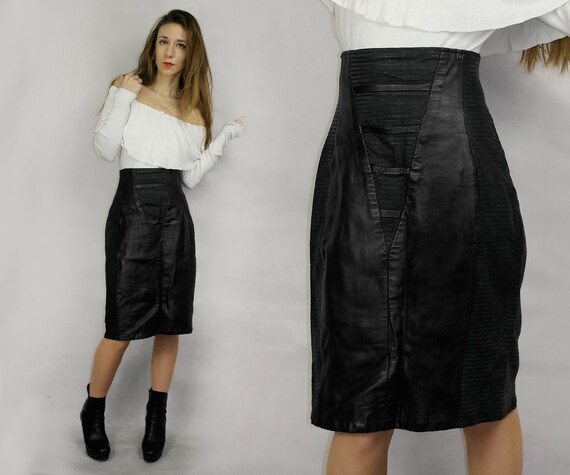 80s Black Real Leather Skirt / Joques Sac elegant… - image 1