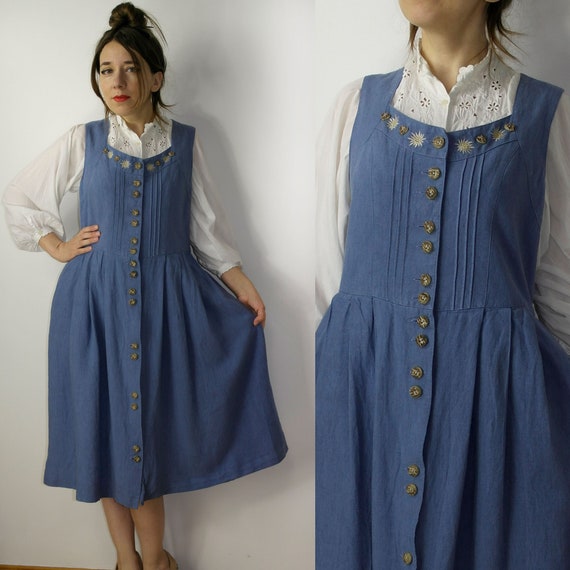 Vintage linen blend trachten dress Alphorn / Blue… - image 1