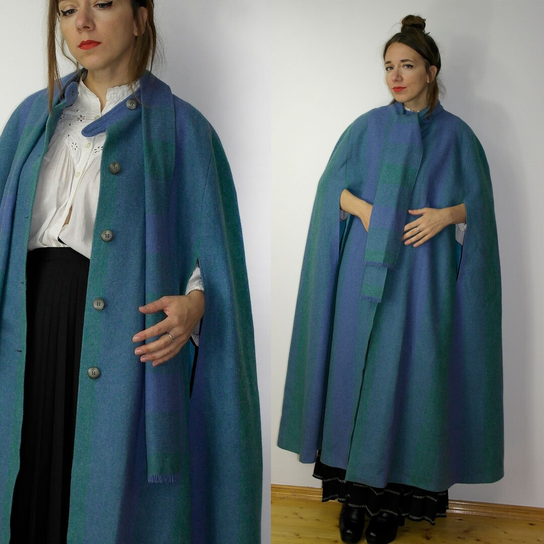 Avoca Wool Cape / 70s Striped Irish Poncho / Vintage 70s Blue Cloak