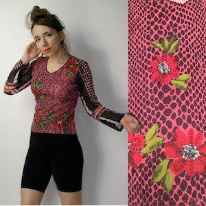 Y2K Floral Animal print top / JANE DOE COLLECTION snakeskin multicolor long sleeve mesh top / Beaded sequins top