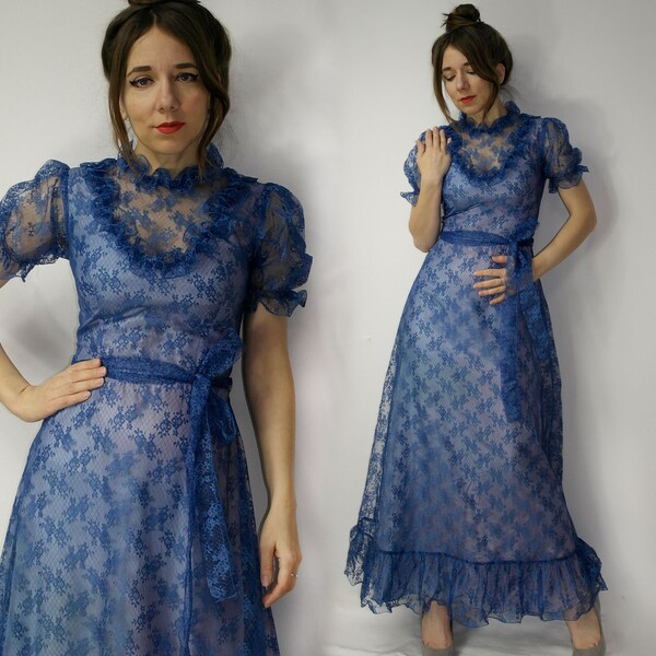 Vintage 70s Blue Lace dress / Kleemeier Hof dress Gunne Sax Style dress / Romantic Ruffles Boho dress / Long small dress