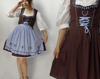 Vintage Trachten Dirndl Kleid braun blau Vichykaro Schürze | LANDHAUS Oktoberfest Dirndl | Trachtenkleid | Österreichisches Dirndl