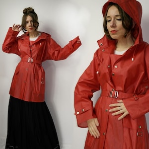 Finnish Rukka PVC rain jacket Vintage red rain jacket Vinyl jacket with the hood made in Finland rain coat Waterproof belted jacket size L
