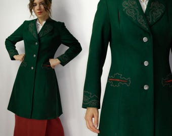 Vintage Trachten Wool jacket / Vintage STEINER Loden dirndl green coat  / Mid length Wool Blazer / Tyrol German Austrian Fitted Coat /