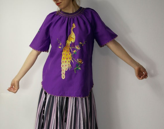 Vintage embroidered folk blouse / Peacock purple … - image 5