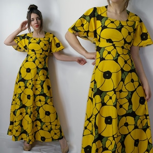Vintage Merry Finn Scandinavische jurk / Finse Finse katoenen jurk / Maxi-zomerjurk / Jurk met korte mouwen met bloemmotief