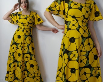 Vintage Merry Finn Scandinavian dress / Finland Finnish cotton dress / Maxi summer dress  / Short sleeves floral pattern dress