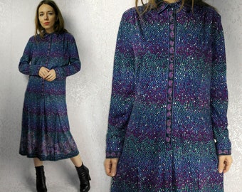 Vintage 80s wool dress / Colorful Kio Jersey Modell dress / Long sleeves dress /