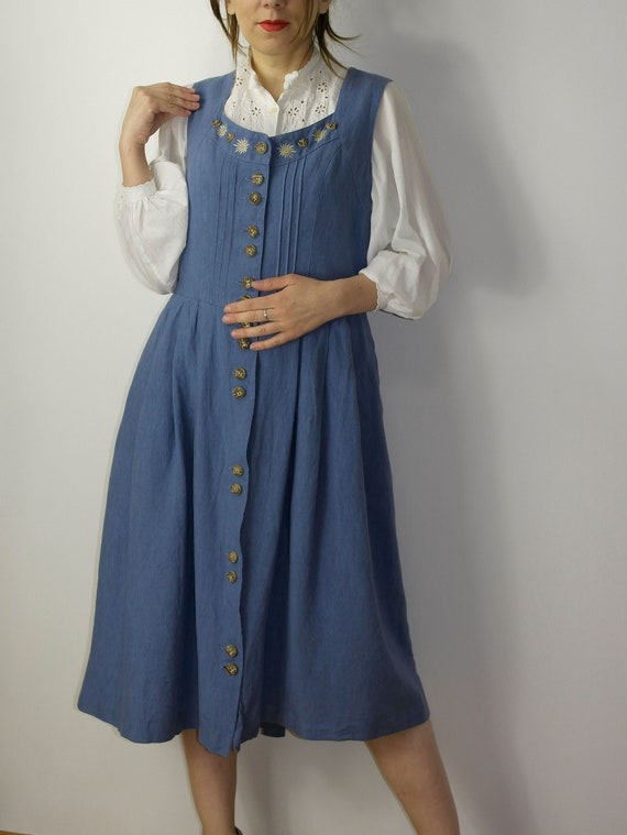 Vintage linen blend trachten dress Alphorn / Blue… - image 6