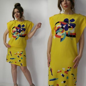 Vintage 80er Jahre Grafik Print Kleid in Gelb | Bold Abstrakt Floral Matisse inspiriert Kleid | Kastiges Etuikleid | Buntes Kunst Kleid Medium