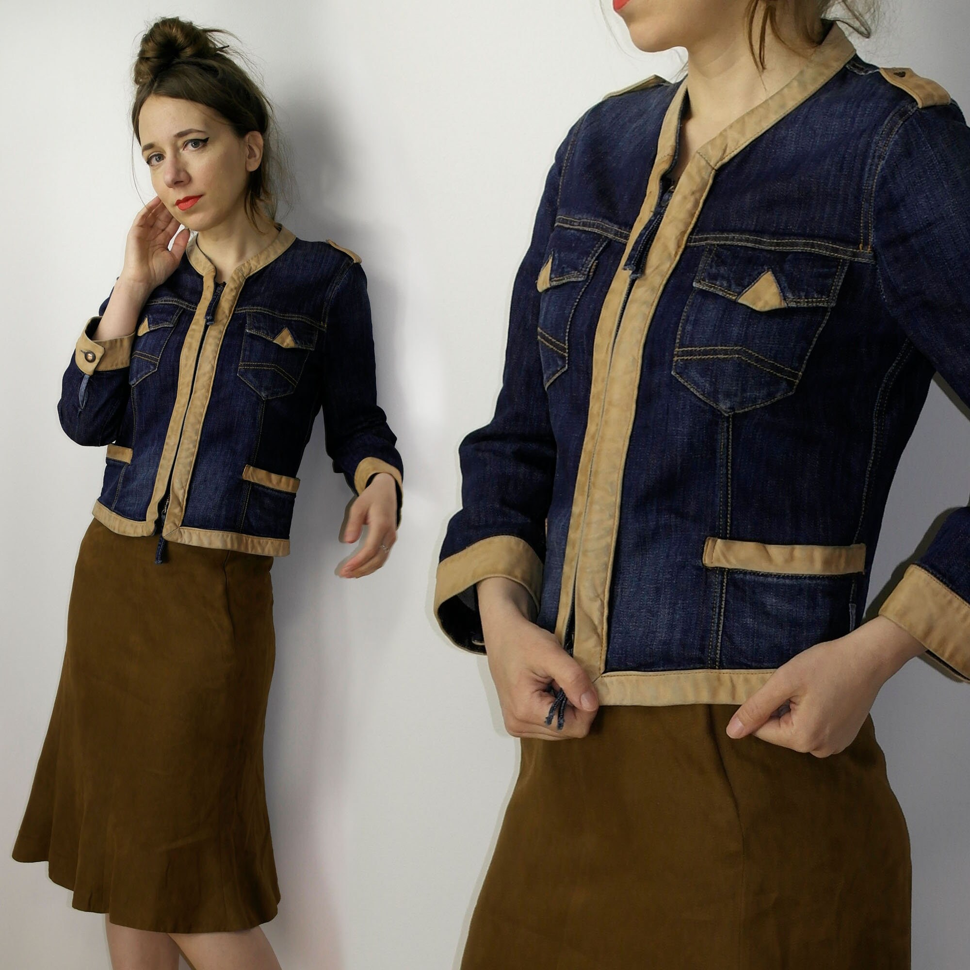 ARMANI JEANS Denim Jacket / Blue Denim Jacket With Leather Details