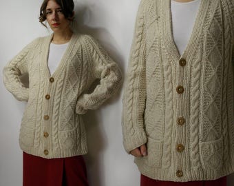 Vintage Irischer Cardigan style Pullover / Vintage Pullover Irland Aran Folk Pullover Gemütliche Strickjacke / Zopfmuster Pullover mit Taschen