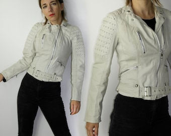 JOFAMA by Kristine Ullebo Motorcycle style Leather Jacket / Cream White  Beige leather jacket / XS Small biker babe jacket