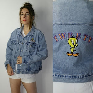 Vintage Looney Tunes Tweety Bird chaqueta de jean / Chaqueta de mezclilla azul con dibujos animados de Tweety