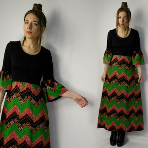Vintage Furstenberg wool dress / 70s Black color block dress / Maxi Long dress  / Small winter dress