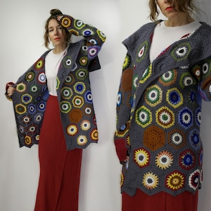 Vintage Afghan Cardigan – Handmade Granny Square Crochet Sweater – Boho colorful Jacket – Oversized Festival Hippie Clothing