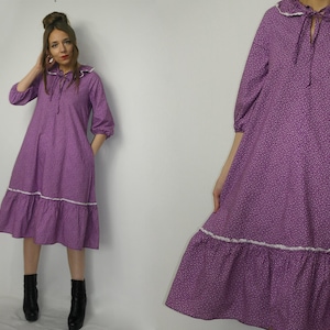 Vintage babydoll dress / Cute cotton dress with pockets / Ruffles purple dress / Short half sleeves dress