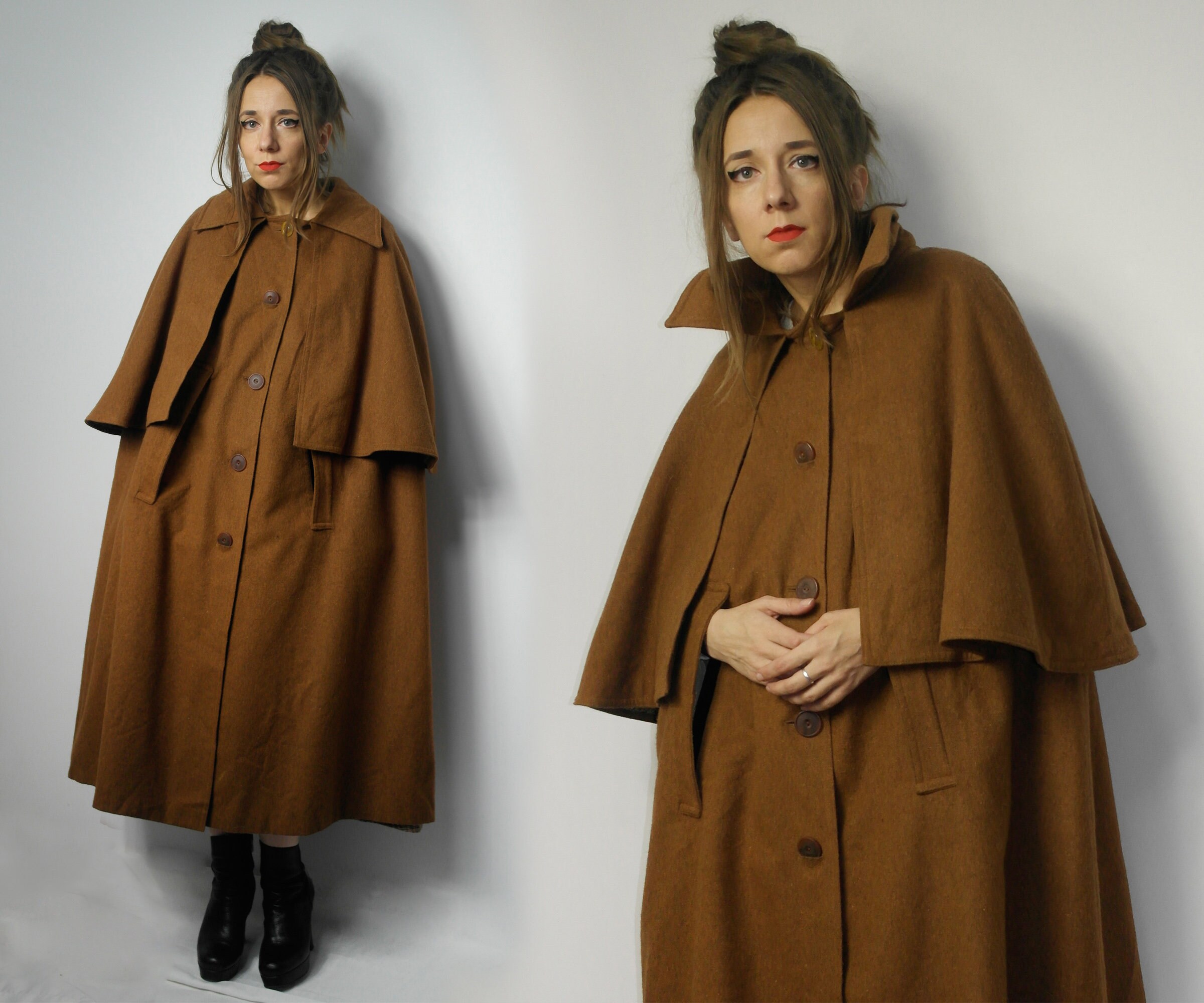 Vintage Wool Cape / Brown Poncho Coat / Boho Ethno Long Winter - Etsy