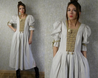 Vintage linen trachten dress / Made in Germany dress / Long Dirndl Dress / Folk dress size 38 / Austrian German dress / Octoberfest dress