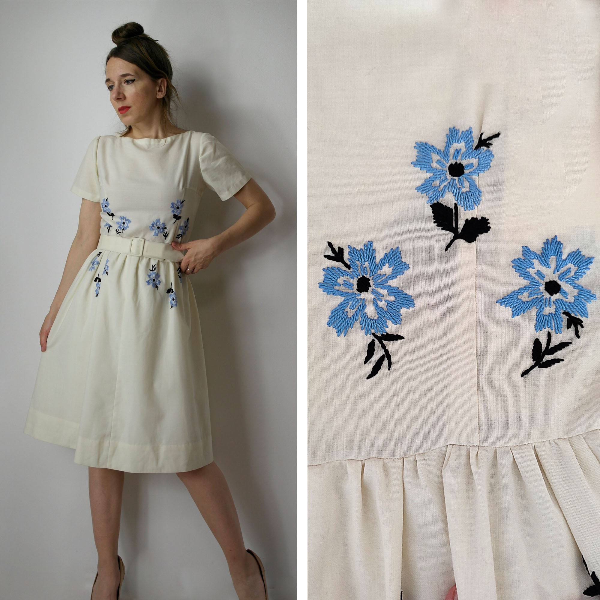 Vintage Embroidered Floral Cream White Dress / Blue Flowers