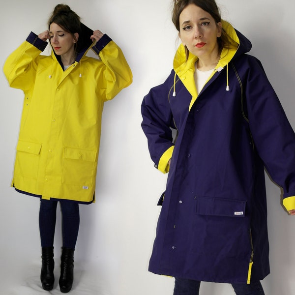 Veste de pluie en PVC vintage bleu jaune / Veste en vinyle réversible avec capuche / Manteau de pluie de couleurs vives / Veste imperméable robuste