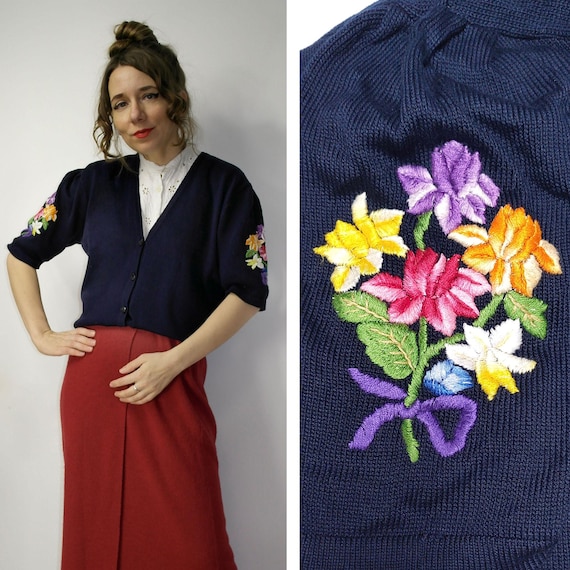 Fendi, Vintage embroidered Fili Di Casa Fendi floral sweater / Short sleeve cardigan with flowers / blue cardigan sweater