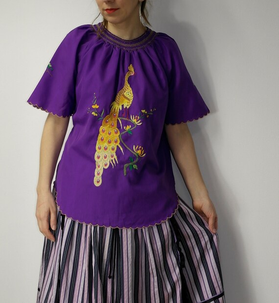 Vintage embroidered folk blouse / Peacock purple … - image 2