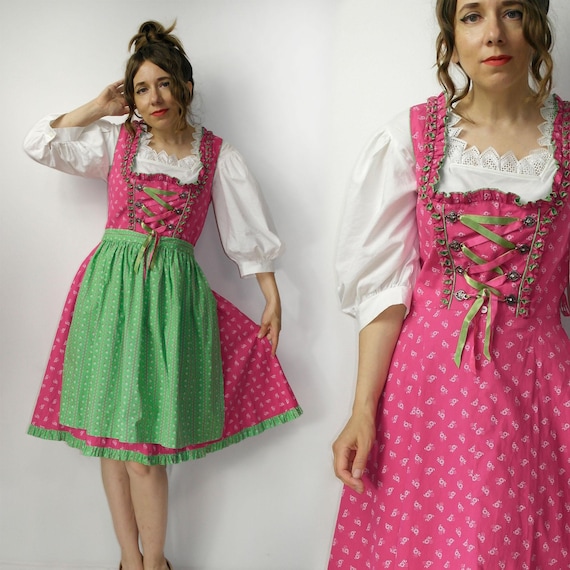 Vintage Alphorn Pink & Green Dirndl Dress with Apron - Trachten Oktoberfest Dress - Bavarian German Folk Dress - Austrian tyrol Alpen Dress