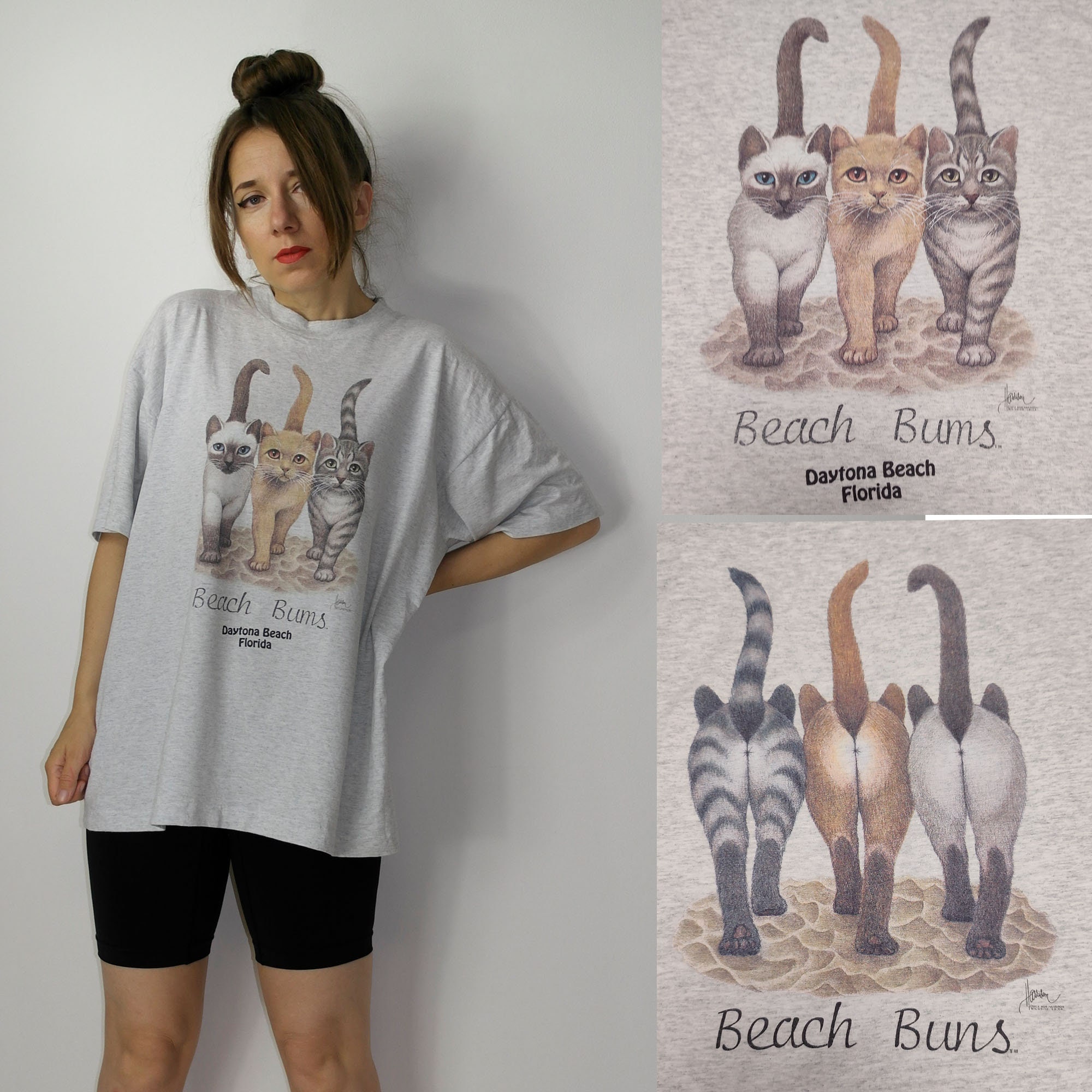 Vintage 90s Beach Bums Cute Cats T-shirt Bob Harrison Art