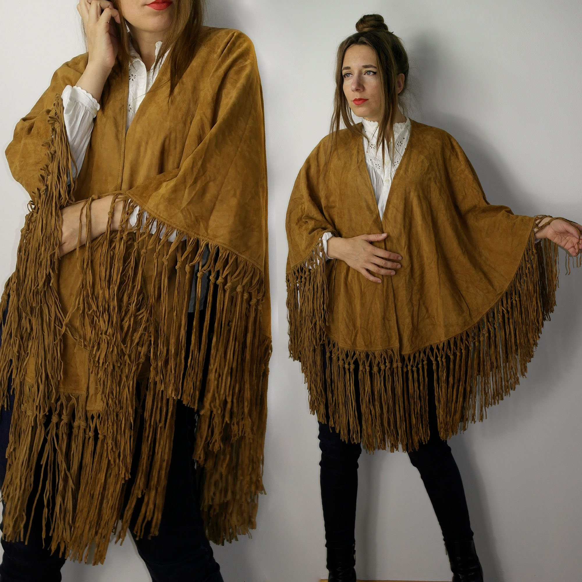 Louis Vuitton RARE Cape Poncho Coat W/Leather Braided Tassels 100%-Cashmere  FR40